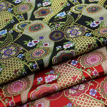 Nishijin Japanese Floral Jacquard Brocade Fabric: Black and Red Silk Rayon Blend (29.5" Width)