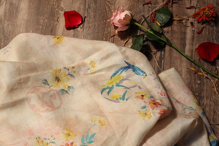 Floral Bird Print Ramie Fabric: Soft Breathable Textile, 55" Wide