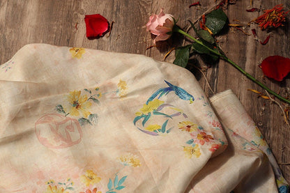 Floral Bird Print Ramie Fabric: Soft Breathable Textile, 55" Wide