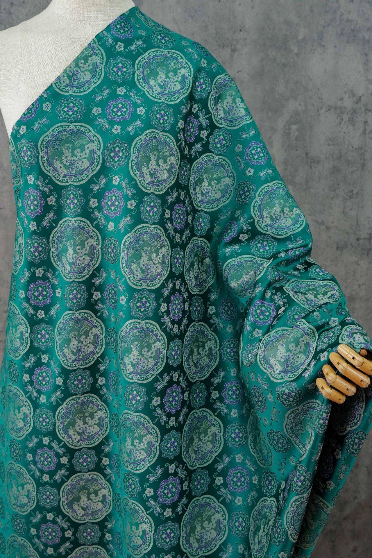 Tibetan Brocade Fabric by the Yard | Rayon Satin with Lotus Flower Embroidery | 58" Wide