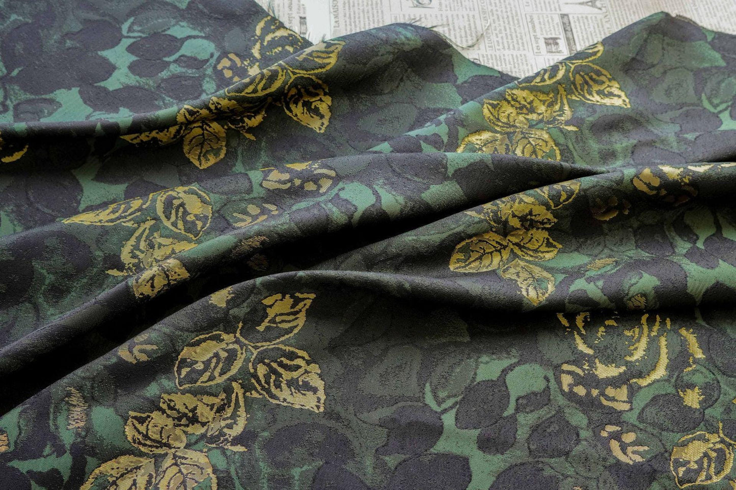 Green Jacquard Woven Fabric: 3D Gold Thread Embossed Texture, 61"W - Upholstery & Costume