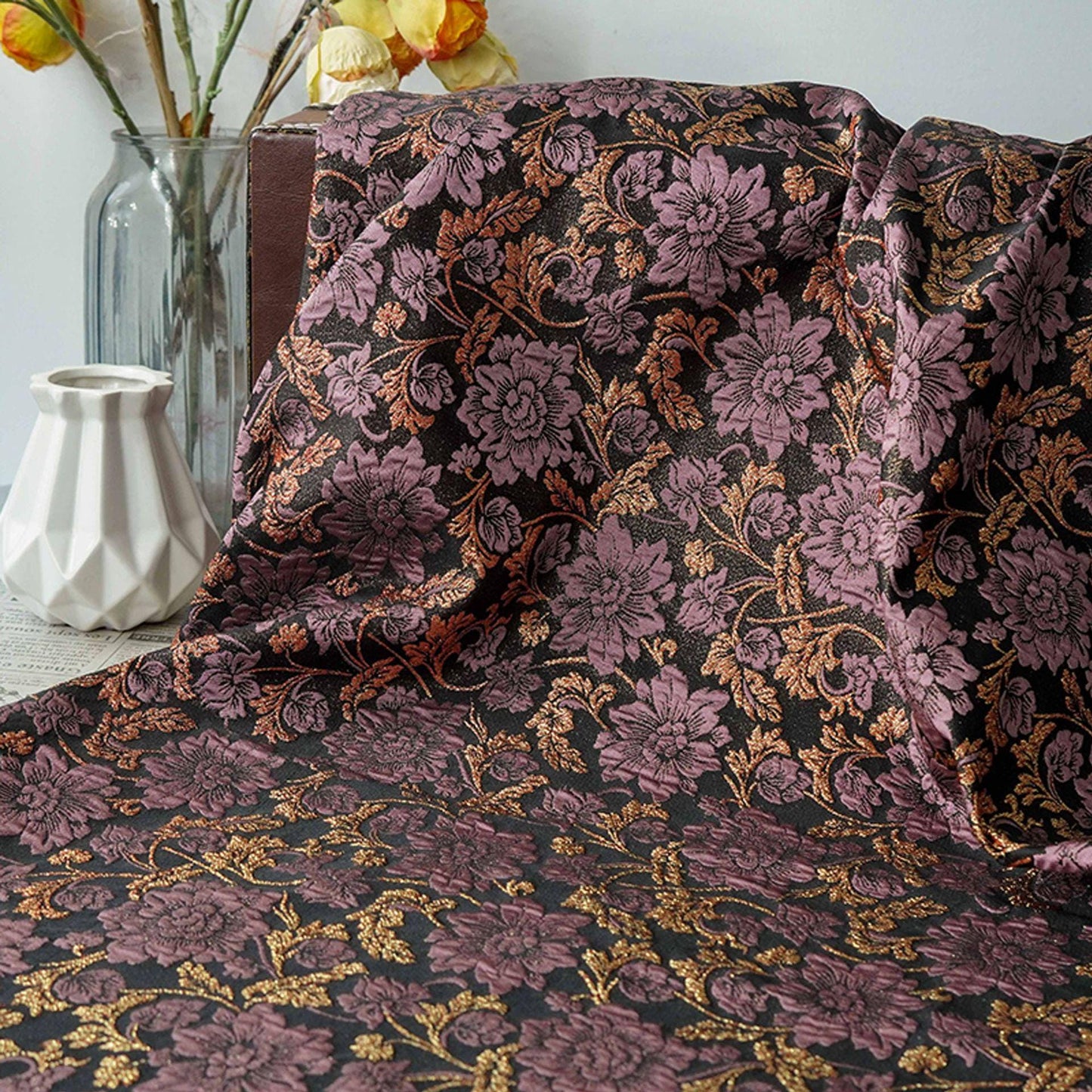 Baroque Floral Jacquard Fabric | Embossed Gold Brocade Upholstery