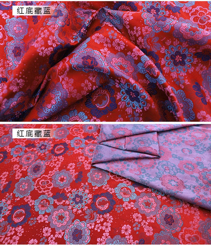 Floral Japanese Kinran Brocade Fabric: Red & Blue Rayon, 59" Wide