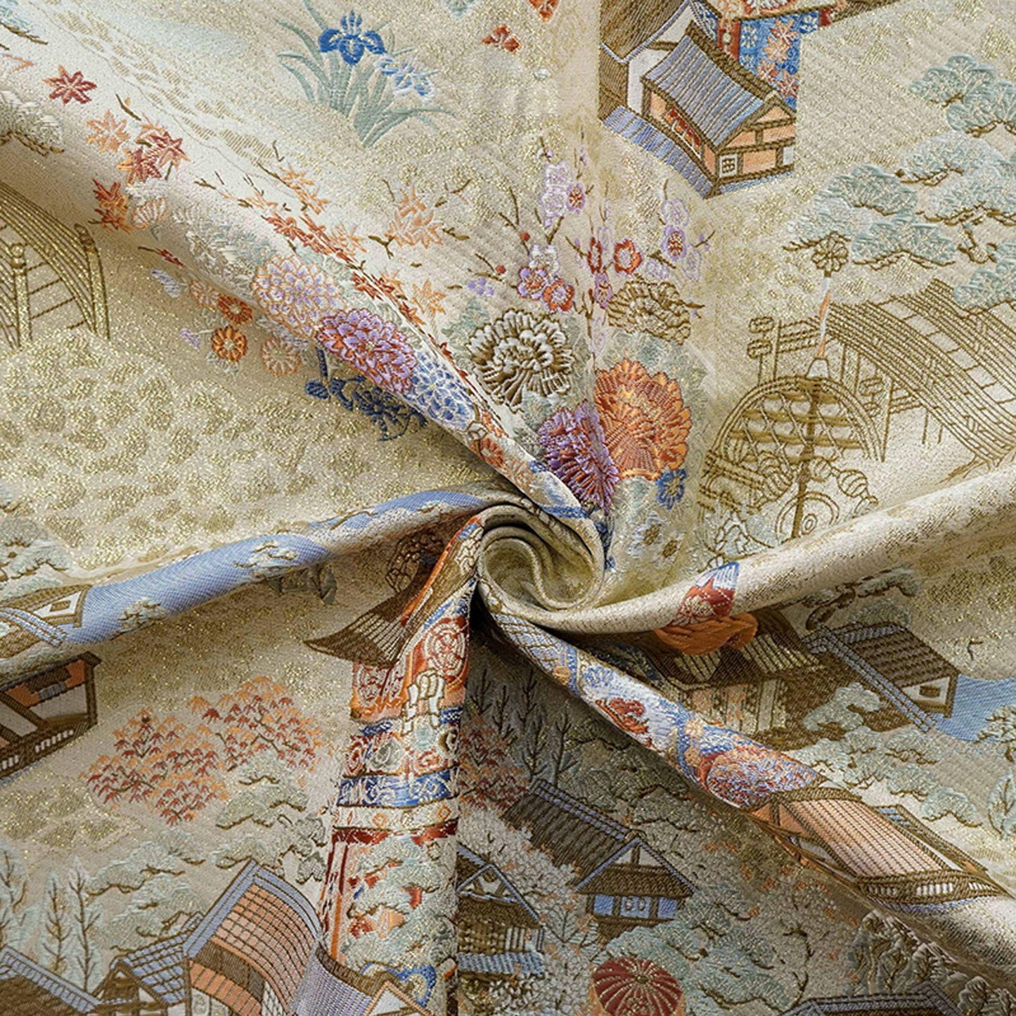 Gold Brocade Fabric ��� 'Pavilion Pagoda' Jacquard, Kimono Hanfu Materi" Wide)