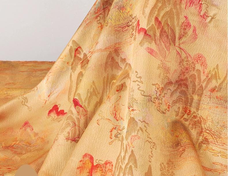 Butterfly Tea Silk Satin Fabric: Ancient Print, 59" Wide