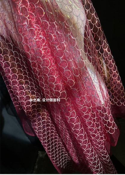 Maroon Fish Scales Sequin Embroidered Mesh Fabric, 50"W