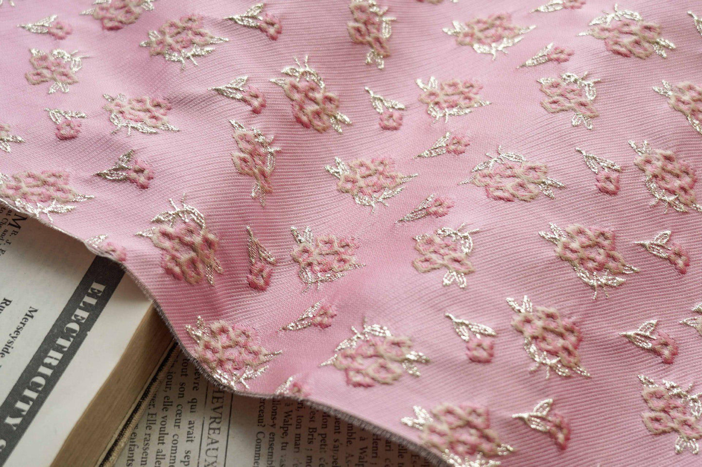Pink Floral Jacquard Fabric: Gold Thread Brocade, Luxury Dressmaking Fabric