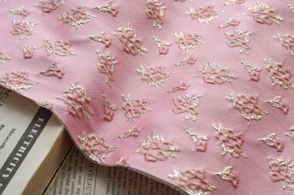 Pink Floral Jacquard Fabric: Gold Thread Brocade, Luxury Dressmaking Fabric