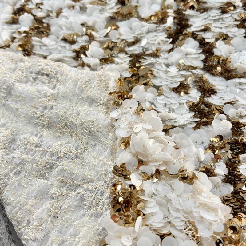 Cream Gold Sequin Layered Embroidered Chiffon Fabric ��� Wedding Dress & Gown Embroidery Materi"Wide