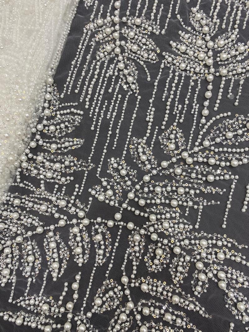 Luxury Beaded & Sequin Embroidered Fabric ��� 4/6/8mm Pearls, Bridal Material, Wedding Dress, Prom, Couture Sewing, High-End Fashi"W