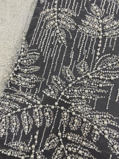 Luxury Beaded & Sequin Embroidered Fabric ��� 4/6/8mm Pearls, Bridal Material, Wedding Dress, Prom, Couture Sewing, High-End Fashi"W