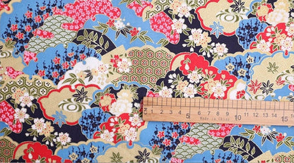 Tissu imprimé de fleurs japonaises : mélange coton-élasthanne, tissu pour la confection de kimonos