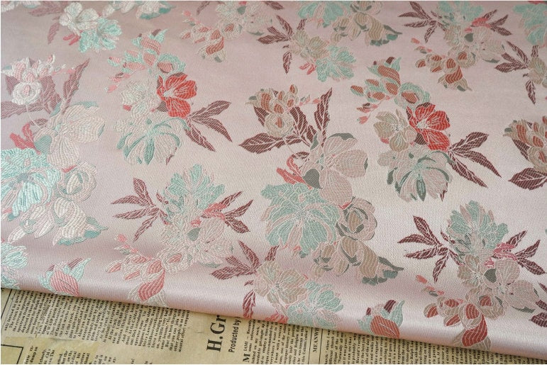 Light Pink Hibiscus Brocade Satin Fabric: 66" Wide Chinese Style