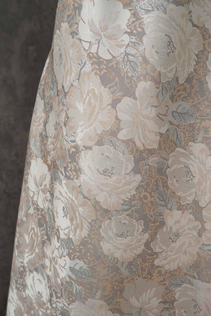 Embroidered Jacquard Fabric: Silver Thread Floral Design, Upholstery & Costume - By the Meter