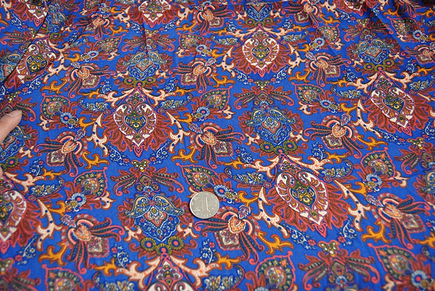 Blue Paisley Satin Fabric By The Meter: 59" Wide Polyester