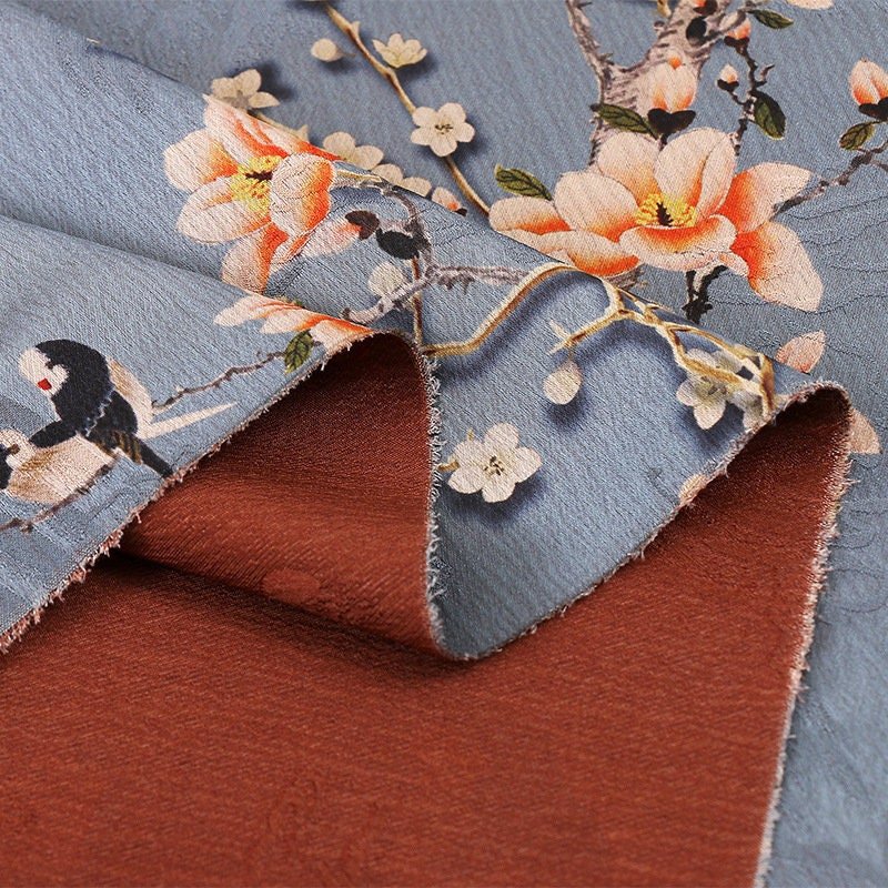 Floral Bird Print Satin Fabric: Gambiered Canton Gauze, 58" Wide - Poppylollipop