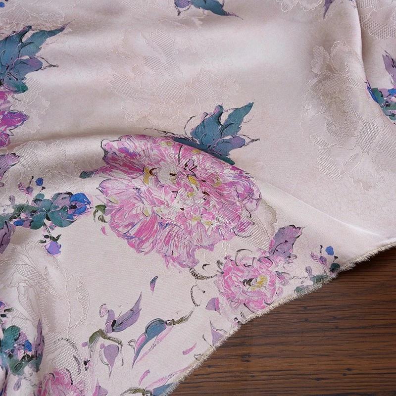 Peony Tea Silk Satin Fabric: Purple Pink Floral Print, 55"W