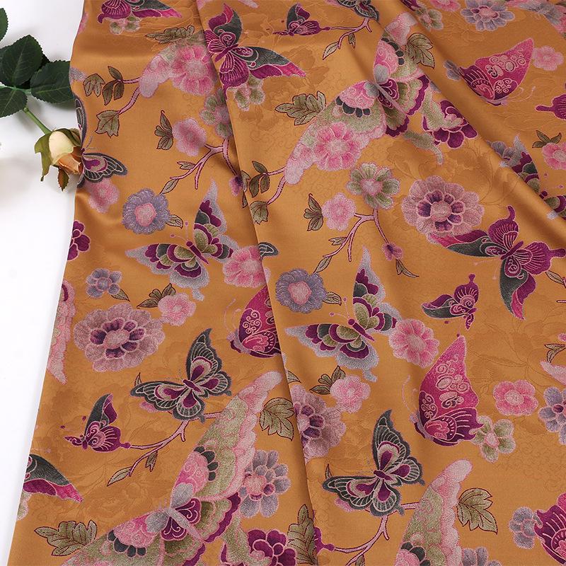 Floral Butterfly Print Fabric: Gambiered Canton Gauze Tea Silk, pink, orange, purple