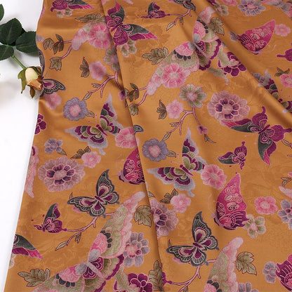Floral Butterfly Print Fabric: Gambiered Canton Gauze Tea Silk, pink, orange, purple