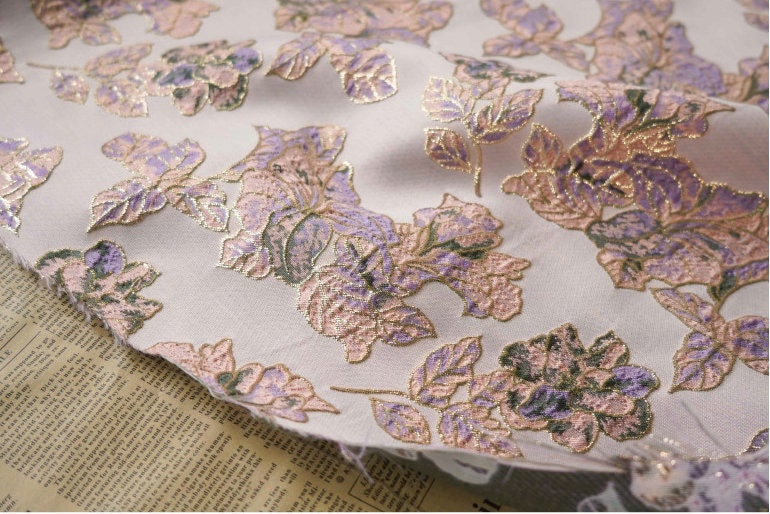 Gold Thread Floral Jacquard Fabric: 3D Cloisonne Texture, 55" Wide