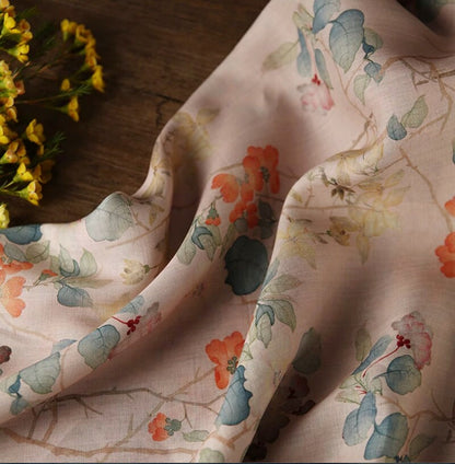Floral Ramie Fabric: Dunhuang Ink Print, Natural Fiber, 57" Wide