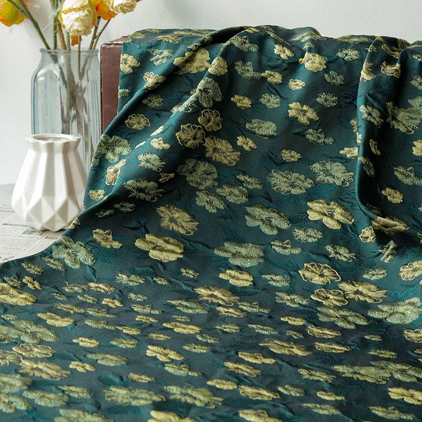 Green Floral Brocade Fabric: Embossed Jacquard Sewing Material, 57" Wide