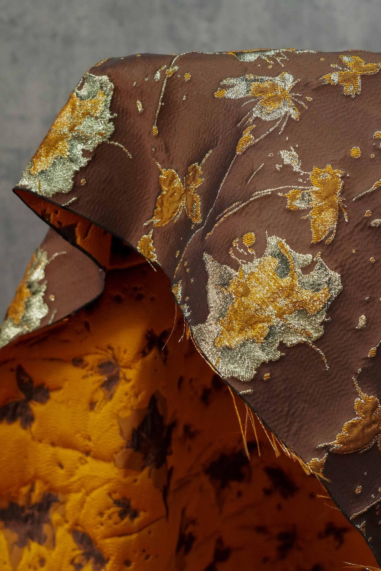 Embossed Butterfly Brocade Fabric: Gold Thread Jacquard Ink Splash - Sewing Material
