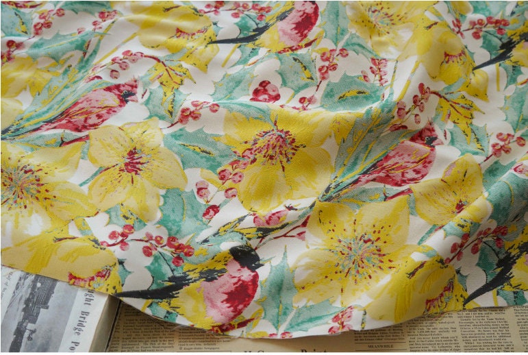Floral Bird Jacquard Fabric: Bright Upholstery, Costume & Decor - 57"
