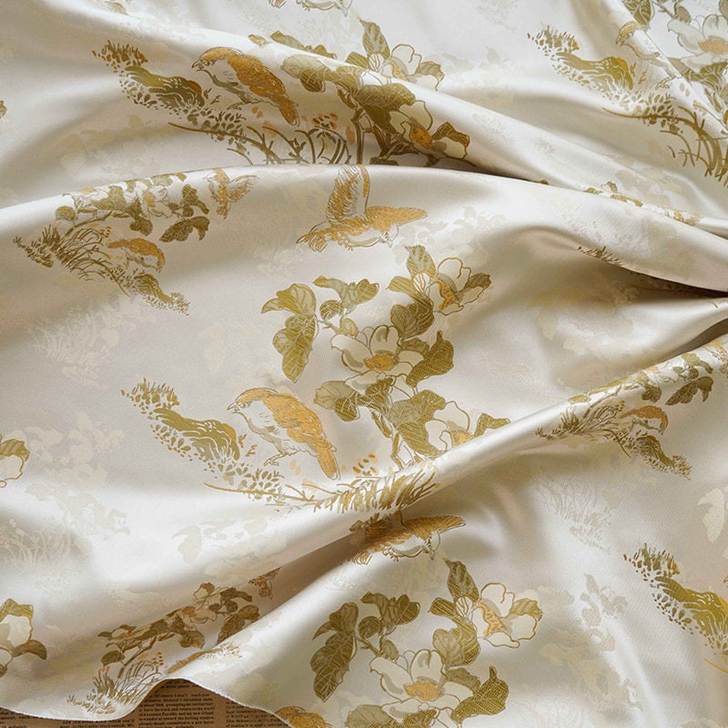 Floral Bird Print Fabric: Gold Thread Woven Polyester, 59" Wide