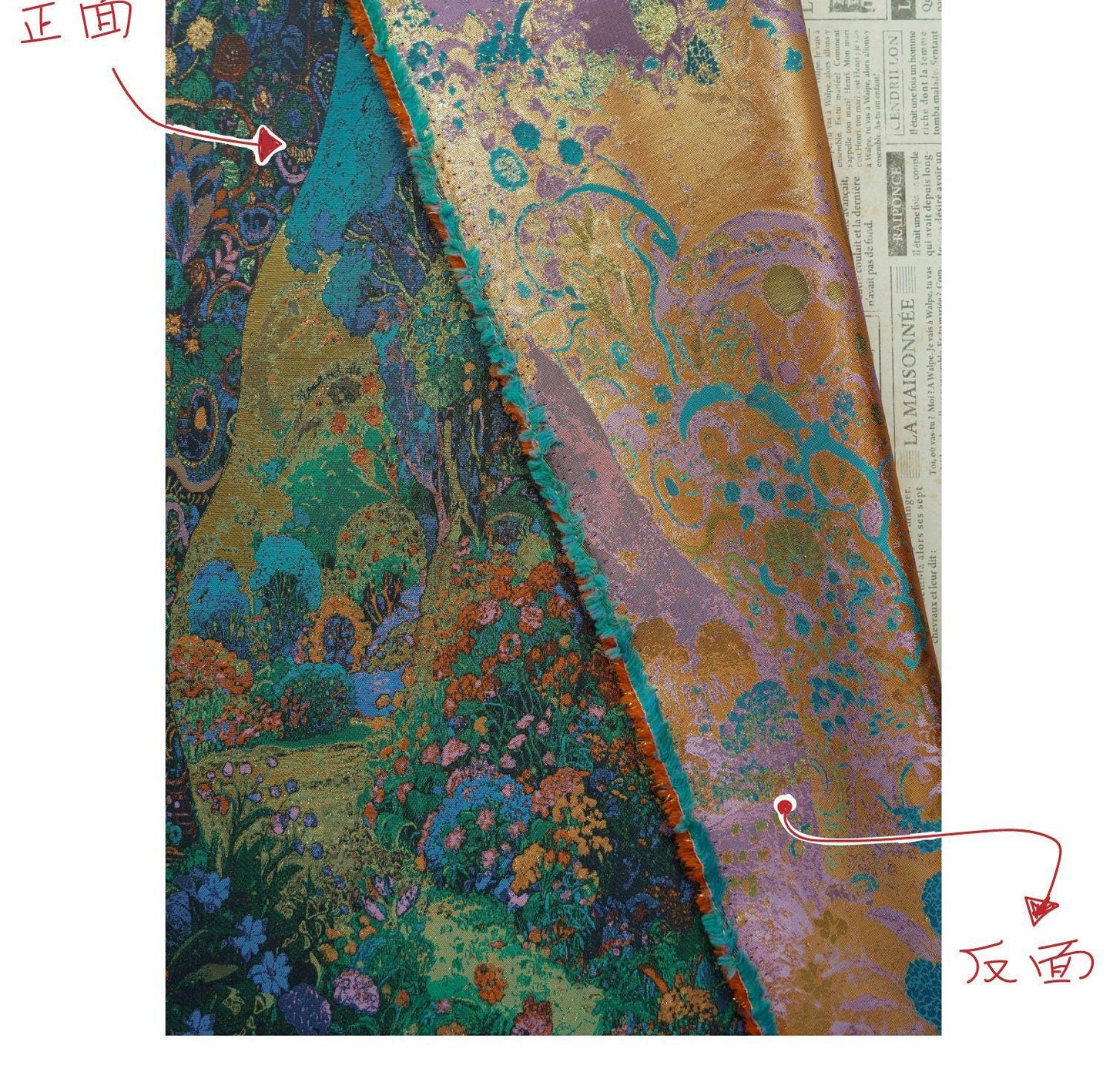 Floral Gold Jacquard Fabric: Artistic Brocade, 65" Wide