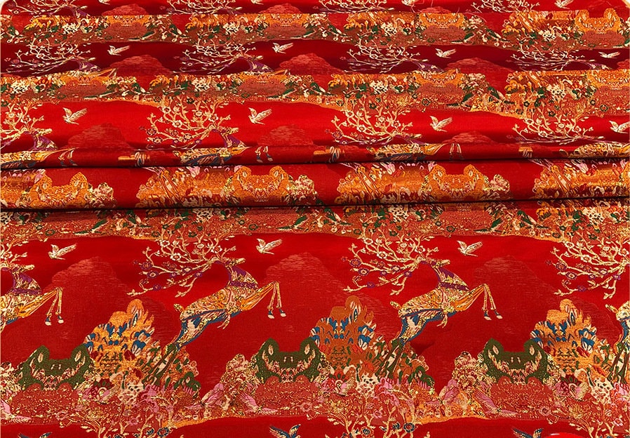 Christmas Reindeer Jacquard Brocade Fabric: Red Damask Sewing Material
