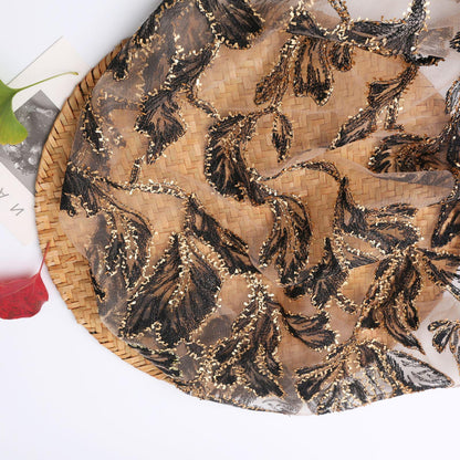 Foil Leaf Sequin Embroidery Fabric: Black & Gold Floral, 50"W