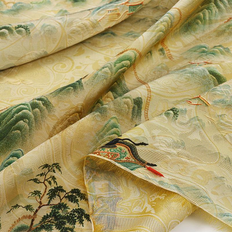 Breathable Light Green Landscape Shimmer Brocade Jacquard Fabric, 59" Wide, 3 patterns