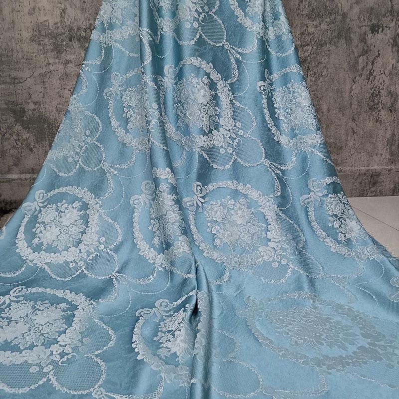 Blue Embossed Floral Jacquard Brocade Fabric | 55" Wide