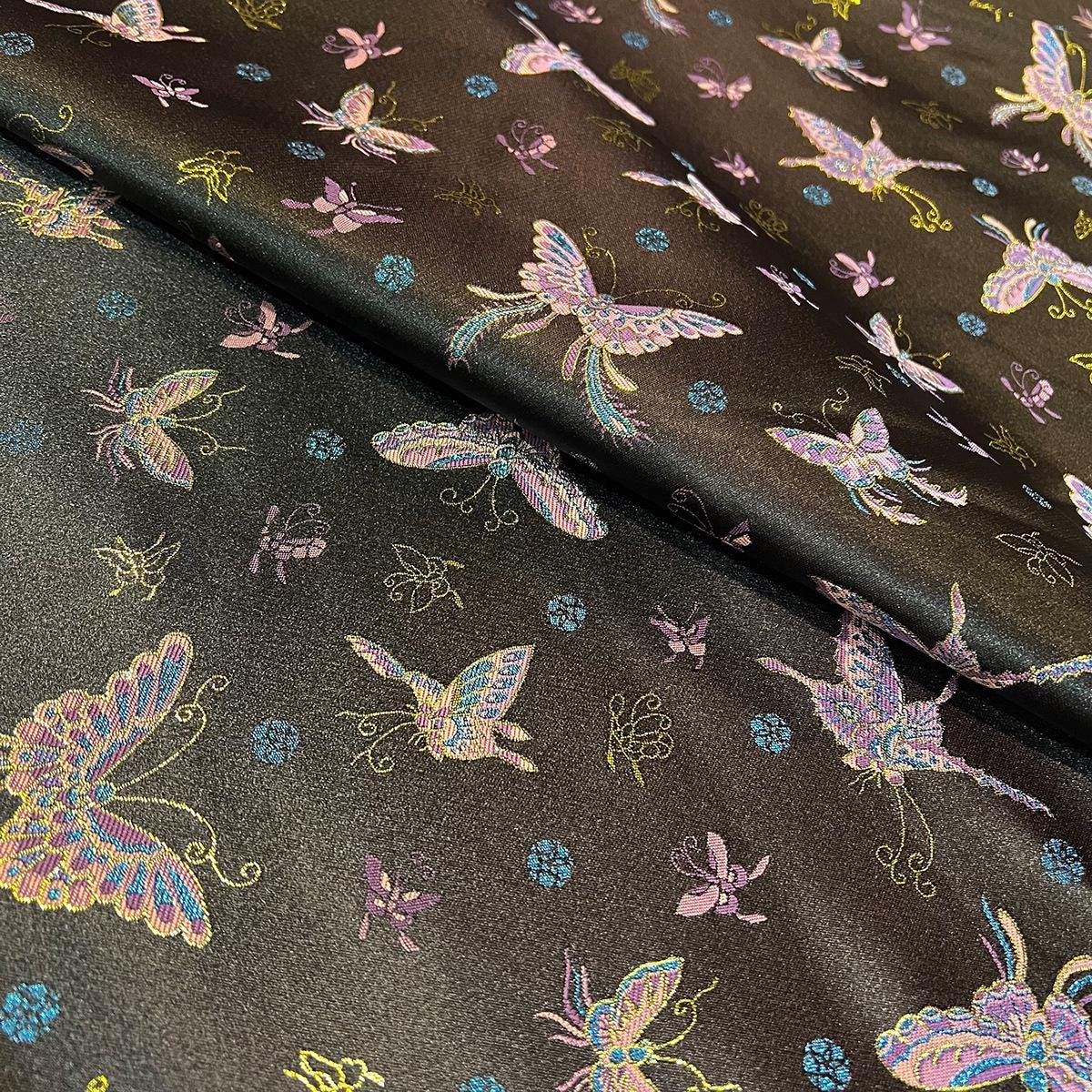 Butterfly Brocade Fabric, Black & Gold Foil, Chinese Wedding Fabric