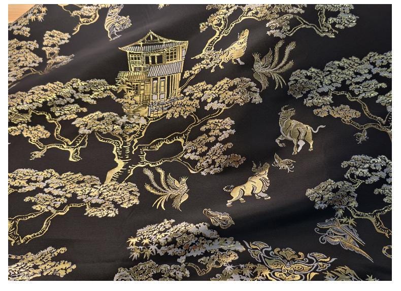 Gold Woven Tiger Jacquard Fabric with Dragon Ox Elements ��� Fashion & Decor Texti"Wide