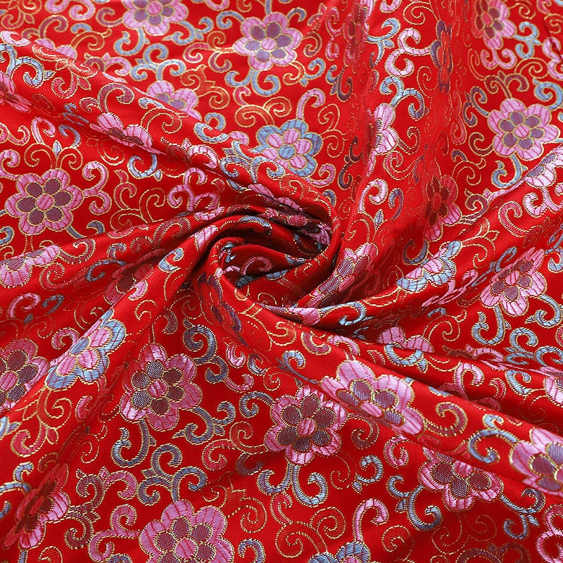 Floral Vine Silk Brocade Fabric: Red Cheongsam Upholstery, 57"W