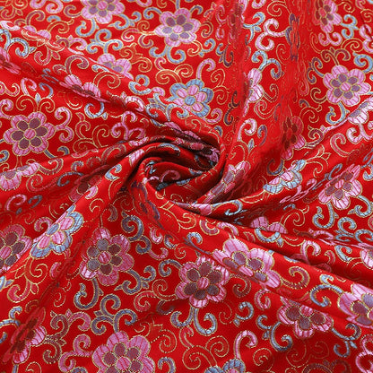 Floral Vine Silk Brocade Fabric: Red Cheongsam Upholstery, 57"W