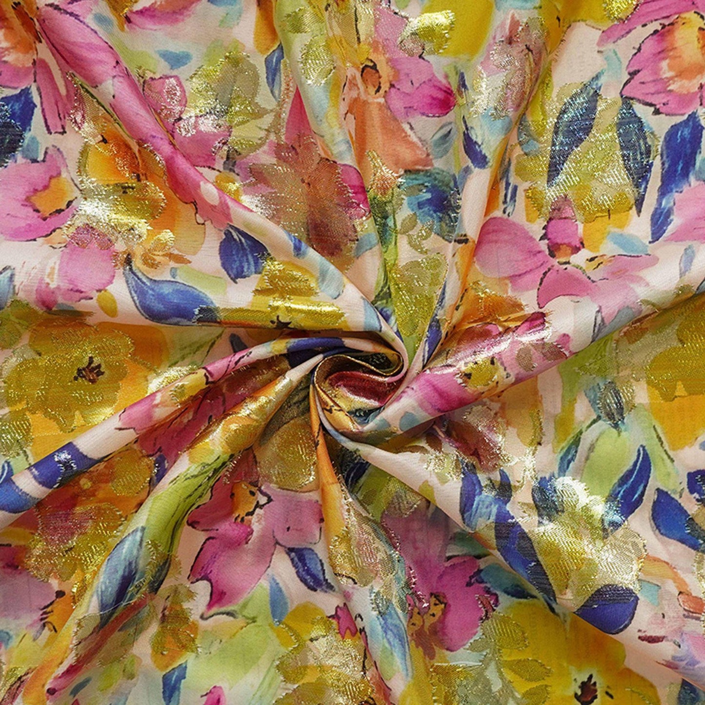 Floral Jacquard Woven Fabric: 3D Gold Thread Embossed Texture, 57" Wide