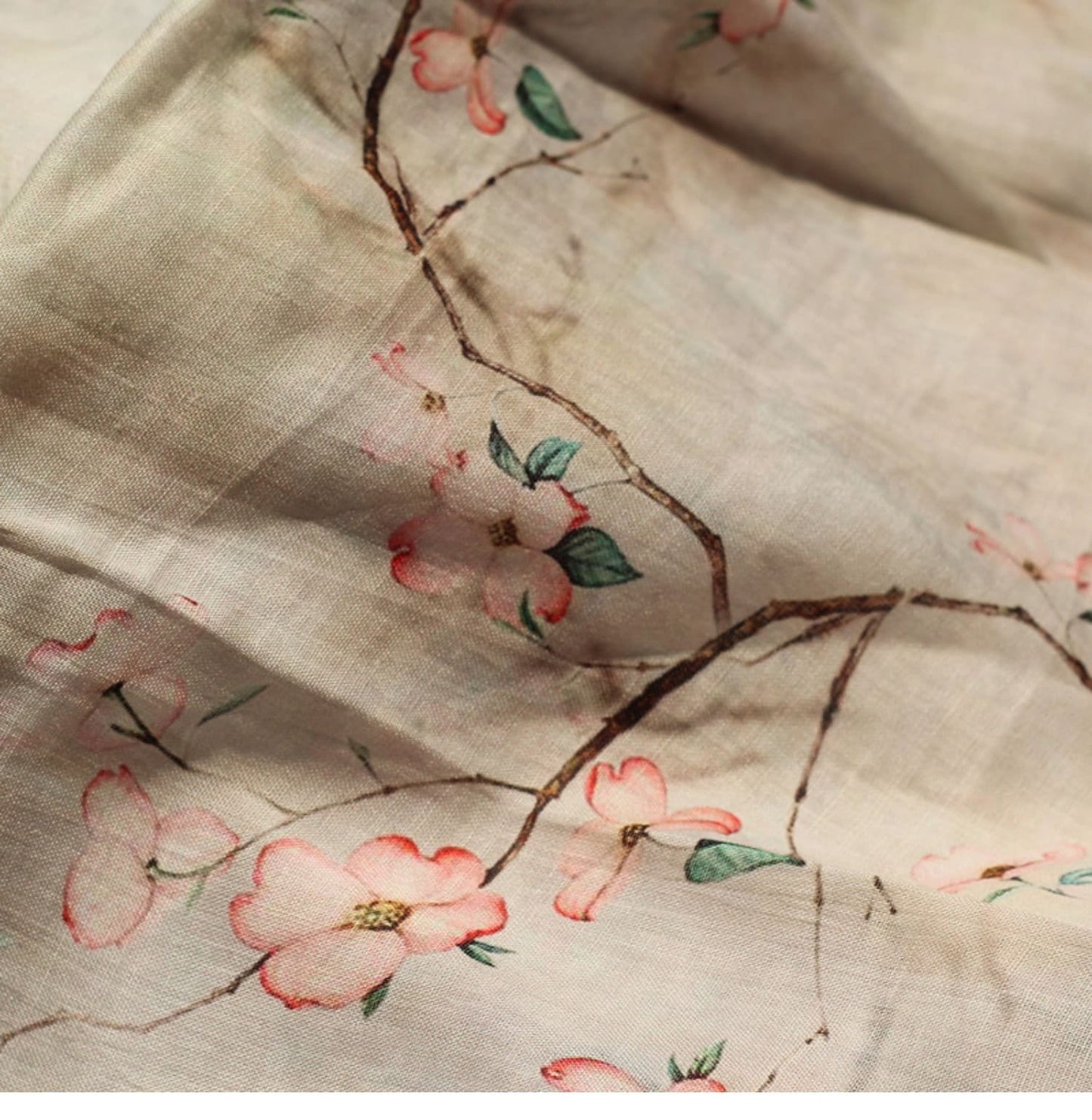 Tissu ramie au mètre : imprimé floral et oiseaux, textile doux et respirant