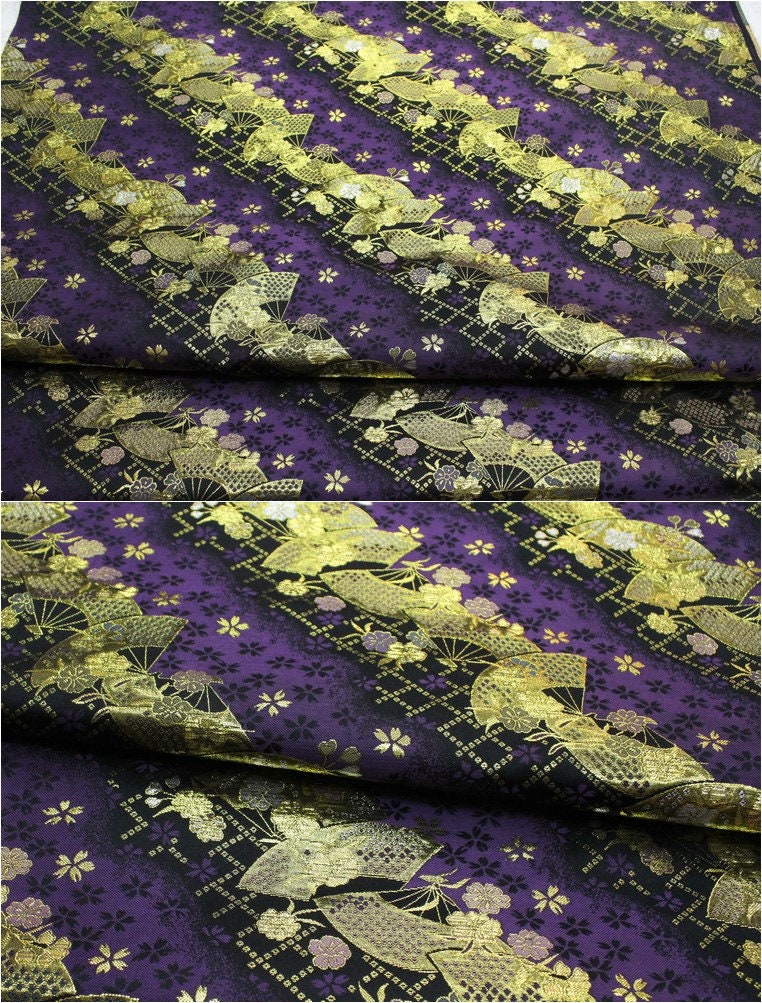 Nishijin Floral Jacquard Brocade Fabric: Black & Purple Silk Rayon Blend