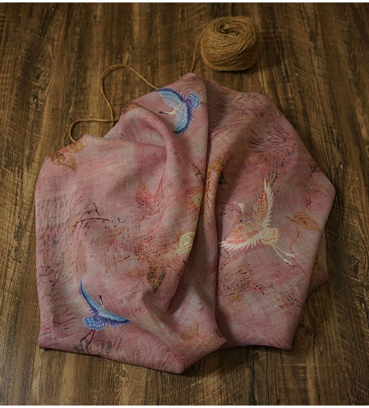 Tissu ramie : motif grue porte-bonheur, textile d'ameublement doux, 140 cm de large