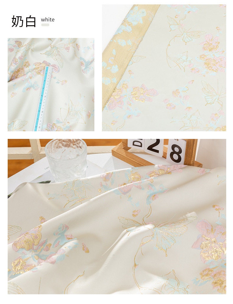 Tissu jacquard papillon à fil doré : texture 3D, largeur 142 cm