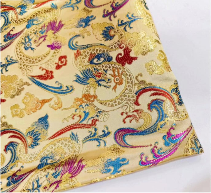 Phoenix Brocade Fabric: Gold Embroidery, Chinese Cheongsam Sewing Material (29.5"W)