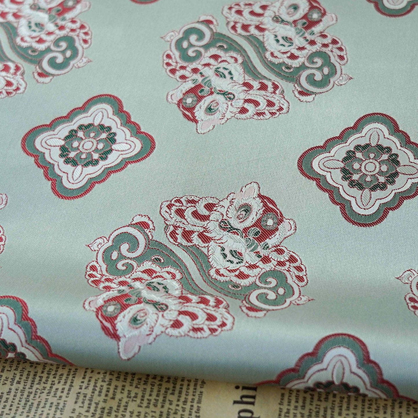 Aqua Blue Silk Brocade Fabric: Chinese Fu Lion Design, 66"W