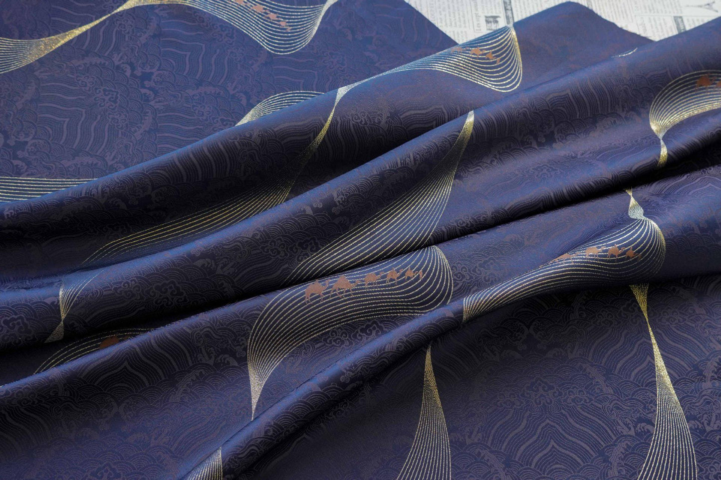 Dark Purple Jacquard Fabric: Golden Wave Pattern, Luxury Upholstery - 65"W