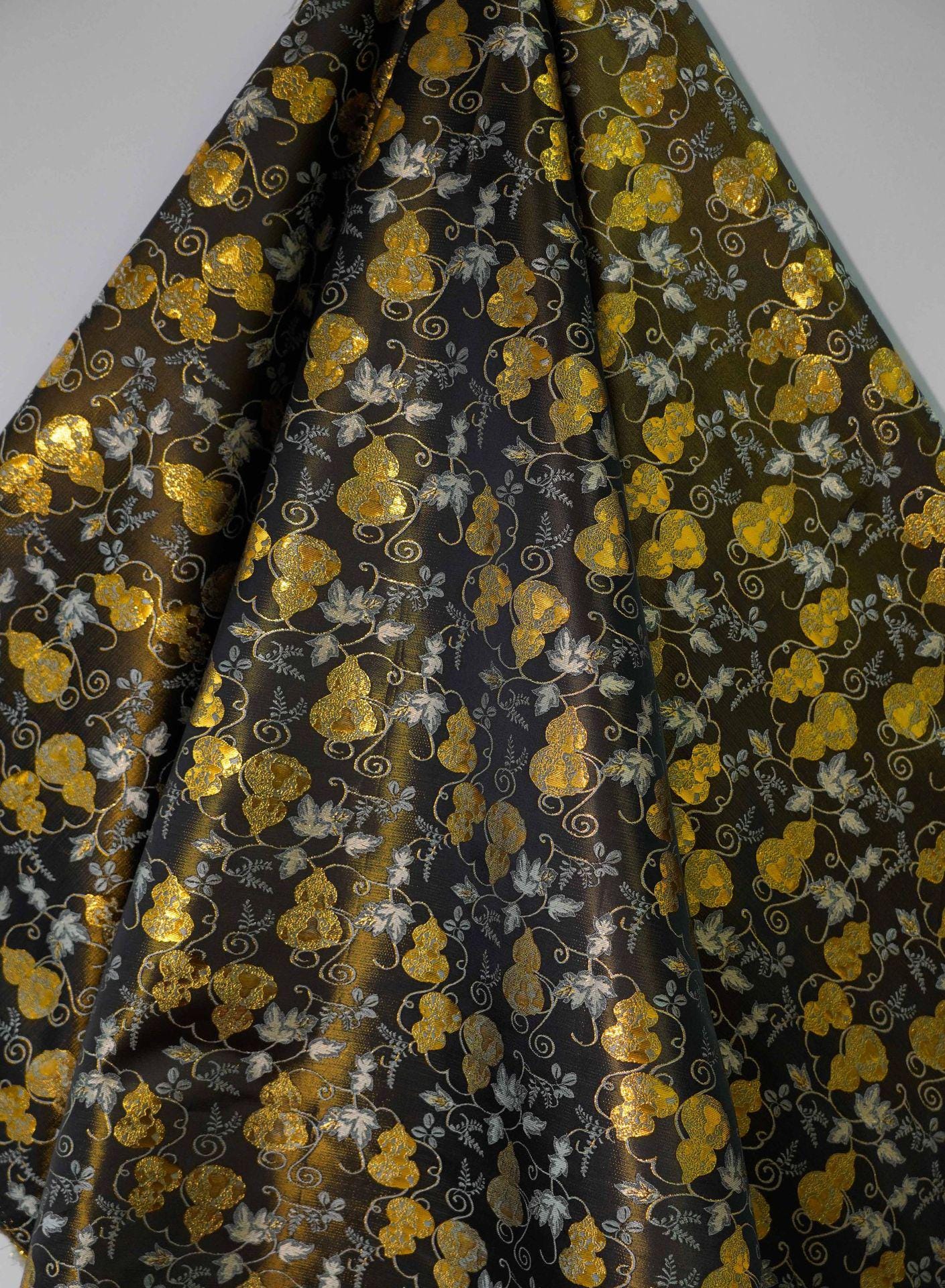 Gold Thread Jacquard Fabric: Black 3D Designer Upholstery, Costume & Sewing (65"W)