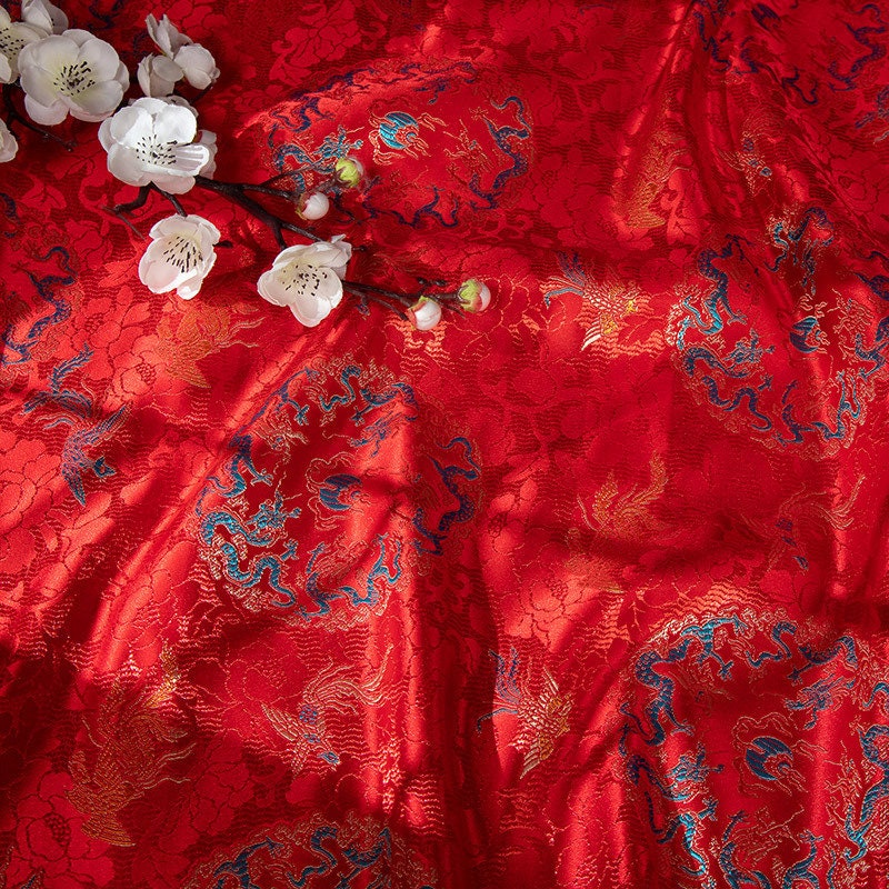 Tissu brocart Red Dragon Phoenix : mélange de rayonne de 150 cm de large