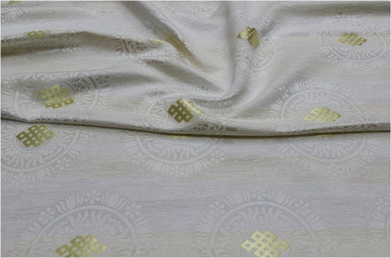 Buddha Symbol Brocade Fabric: 29.5"W Floral Jacquard Satin