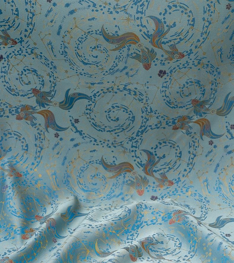 Nishijin Woven Gold Thread Brocade: Double Fish Jacquard Silk Fabric